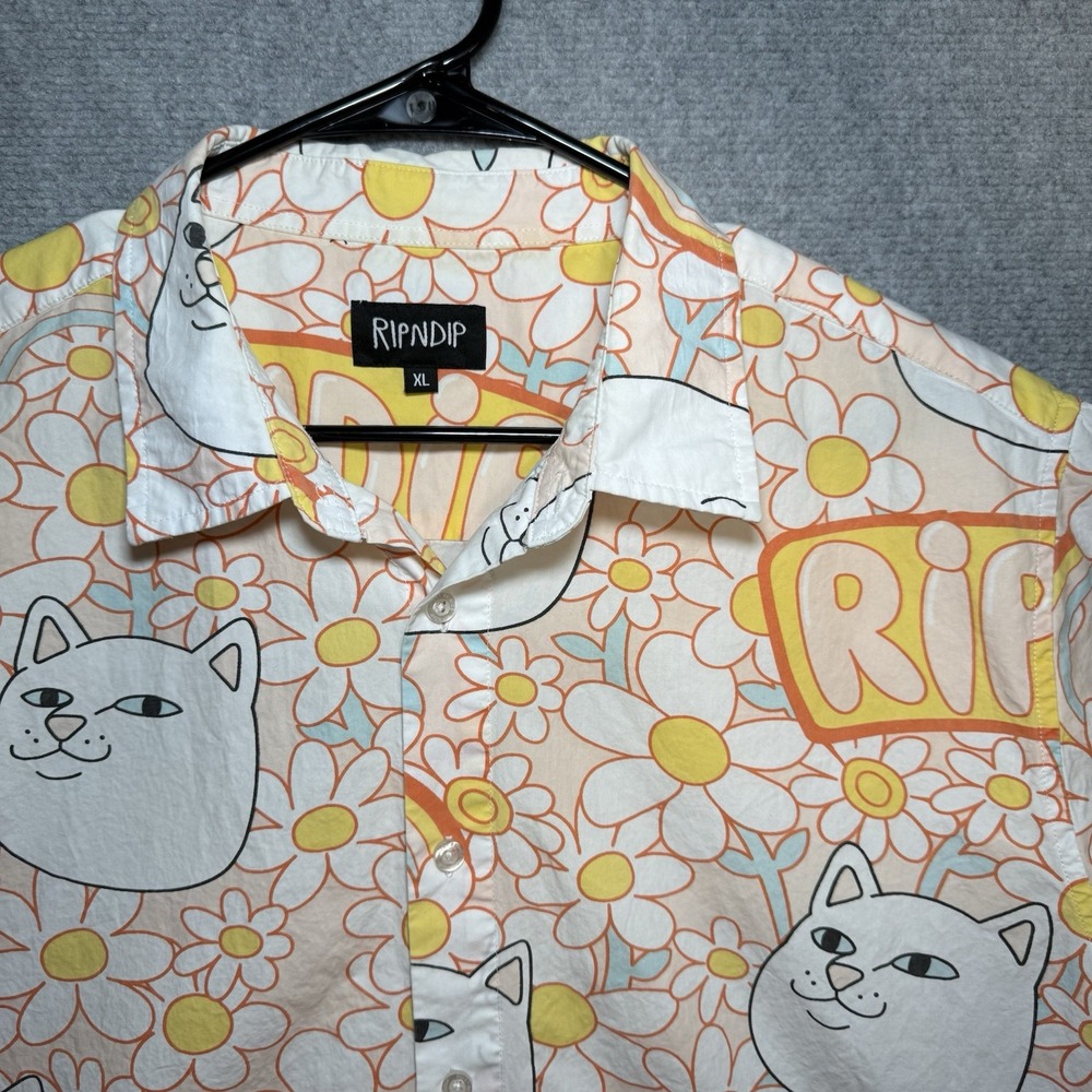 Ripndip White and Yellow Cat Print Button Down Shirt